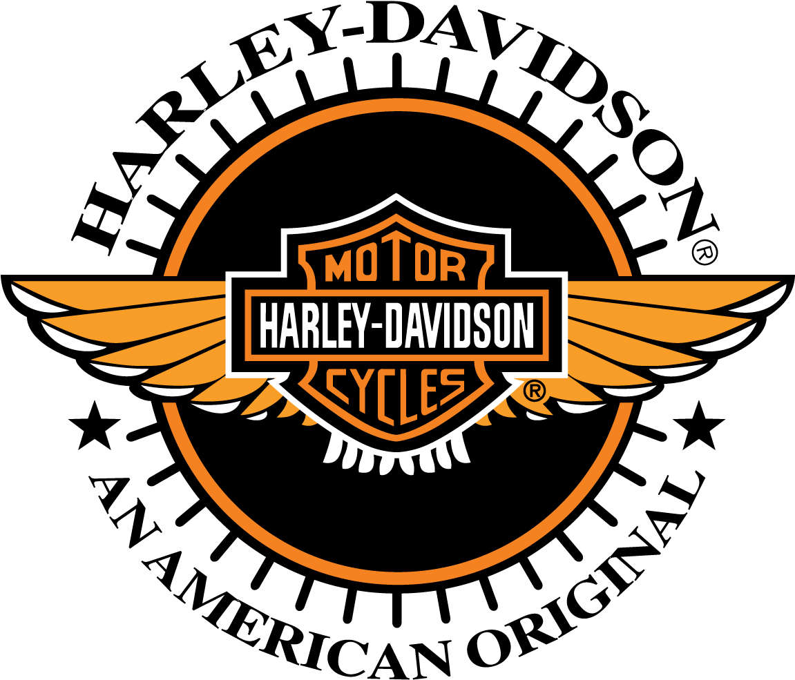 哈雷戴維森經典標誌 壁紙 — 黑色背景上帶有橙色翅膀和盾牌的Harley-Davidson標誌。