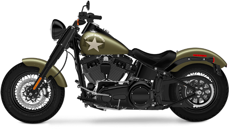 哈雷戴維森軍事風格摩托車 壁紙 — 一架時尚的橄欖綠色Harley-Davidson電單車，油箱上有白色星星標誌，孤立在黑色背景前。