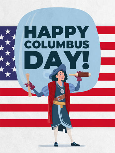 插圖哥倫布手持地球儀和卷軸，背景為美國國旗，帶有Happy Columbus Day文字。