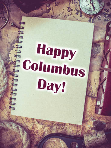 復古地圖上帶有指南針和繩索的Happy Columbus Day筆記本