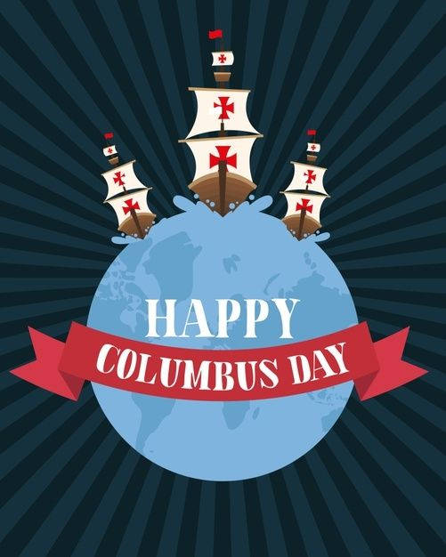 Happy Columbus Day 橫幅，三艘船從地球儀航行。
