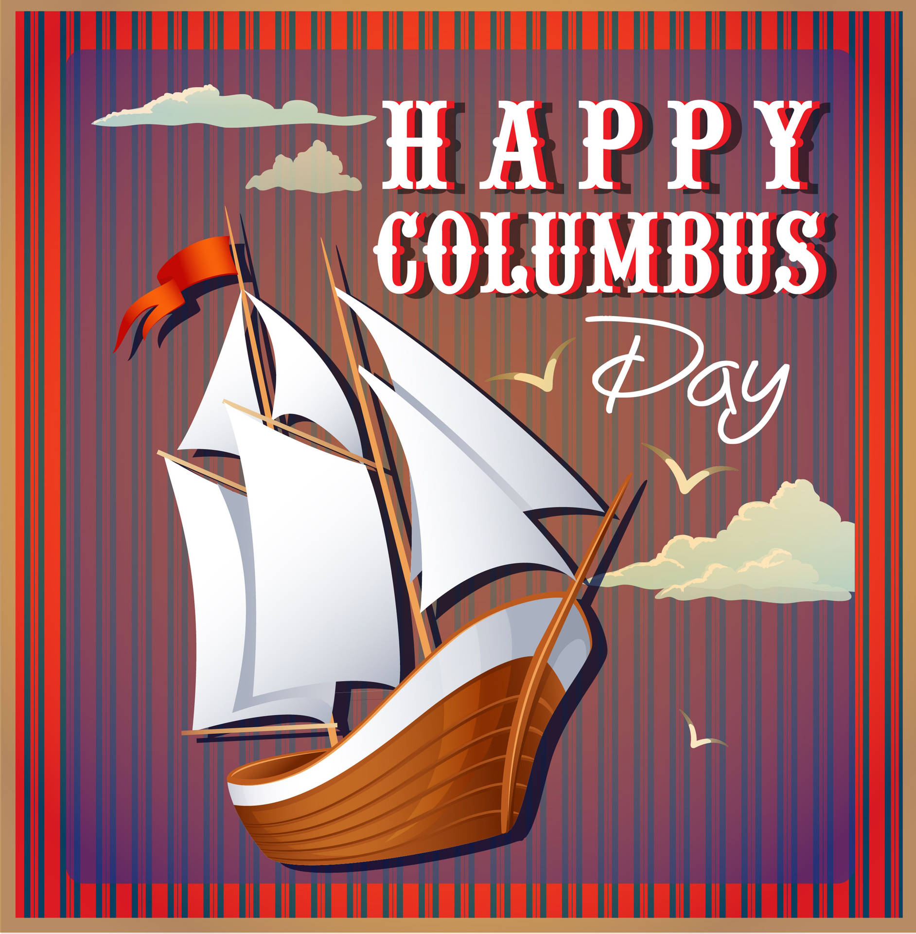 帶有「Happy Columbus Day」文字的帆船復古插圖。