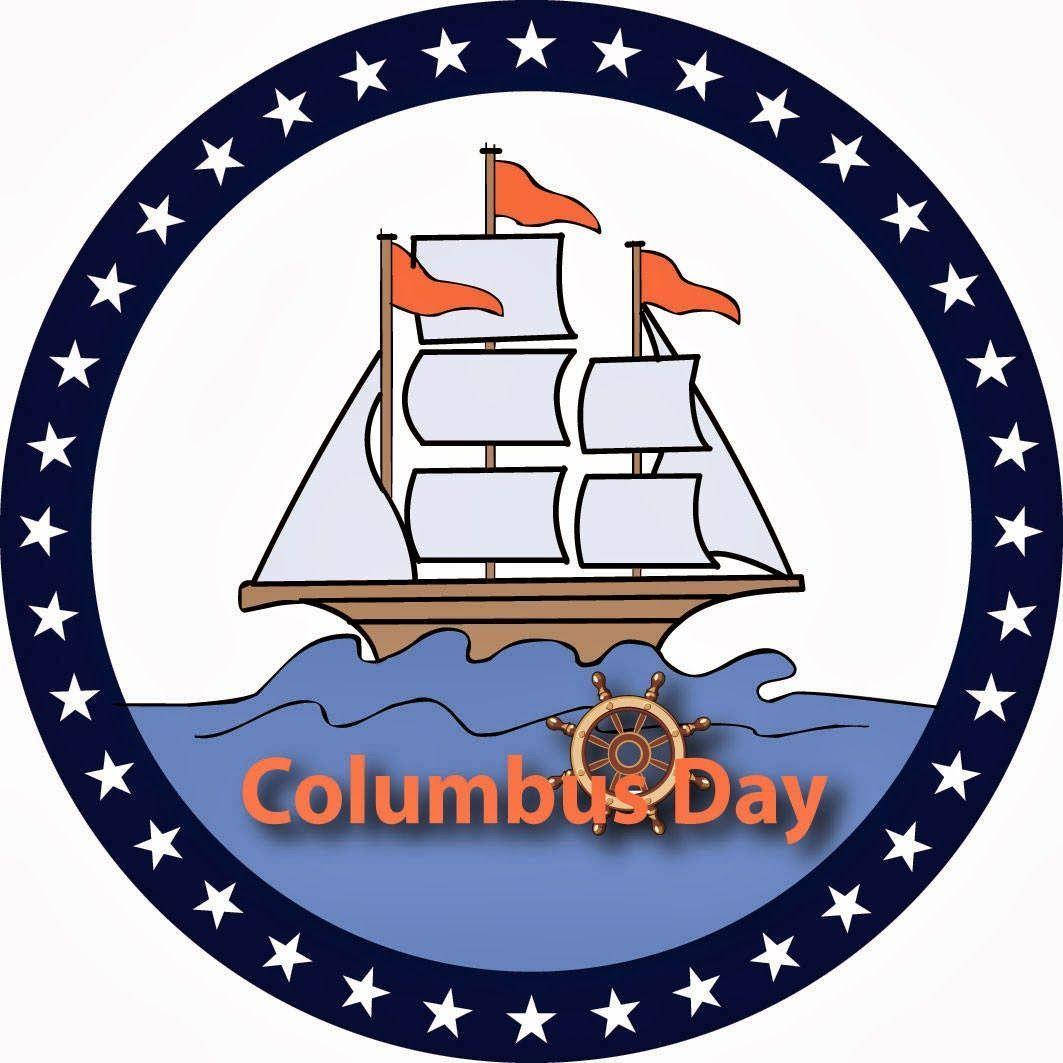 Columbus Day 徽章，帶有橙色旗幟的帆船和船舵在藍色波浪上。