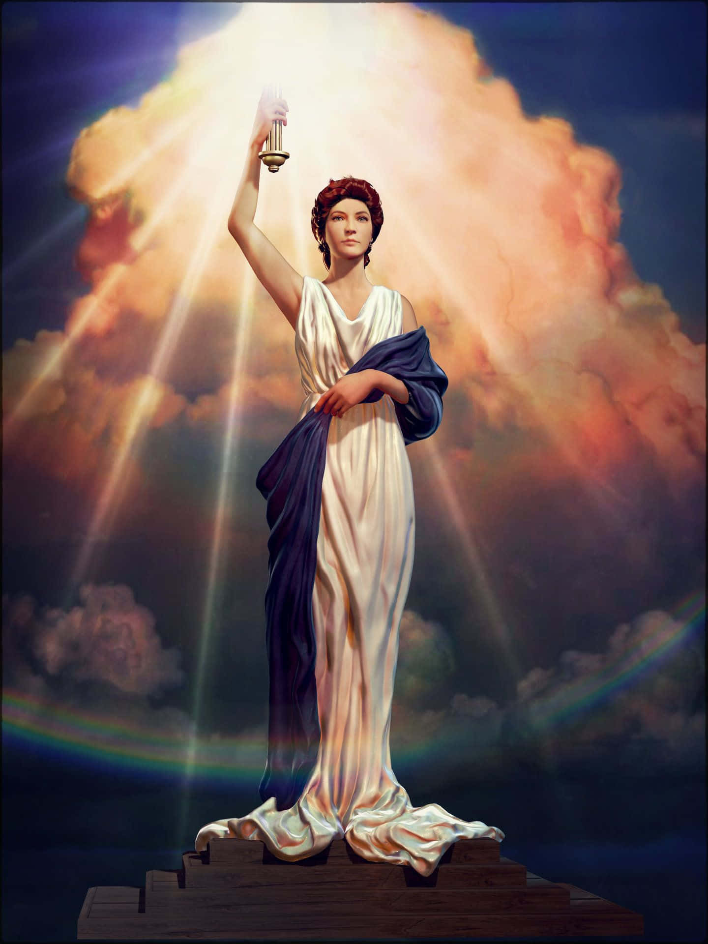 一位身穿長袍的神聖女性，在天空的彩虹上方手持燈籠。