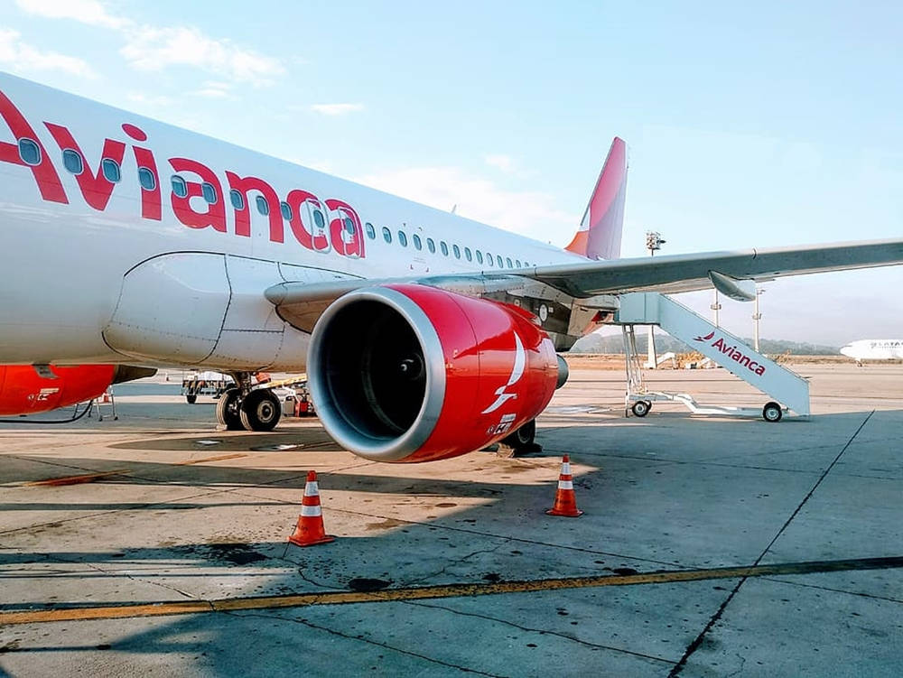 Avianca 飛機停泊在機場閘口，停機坪上有橙色安全錐體。