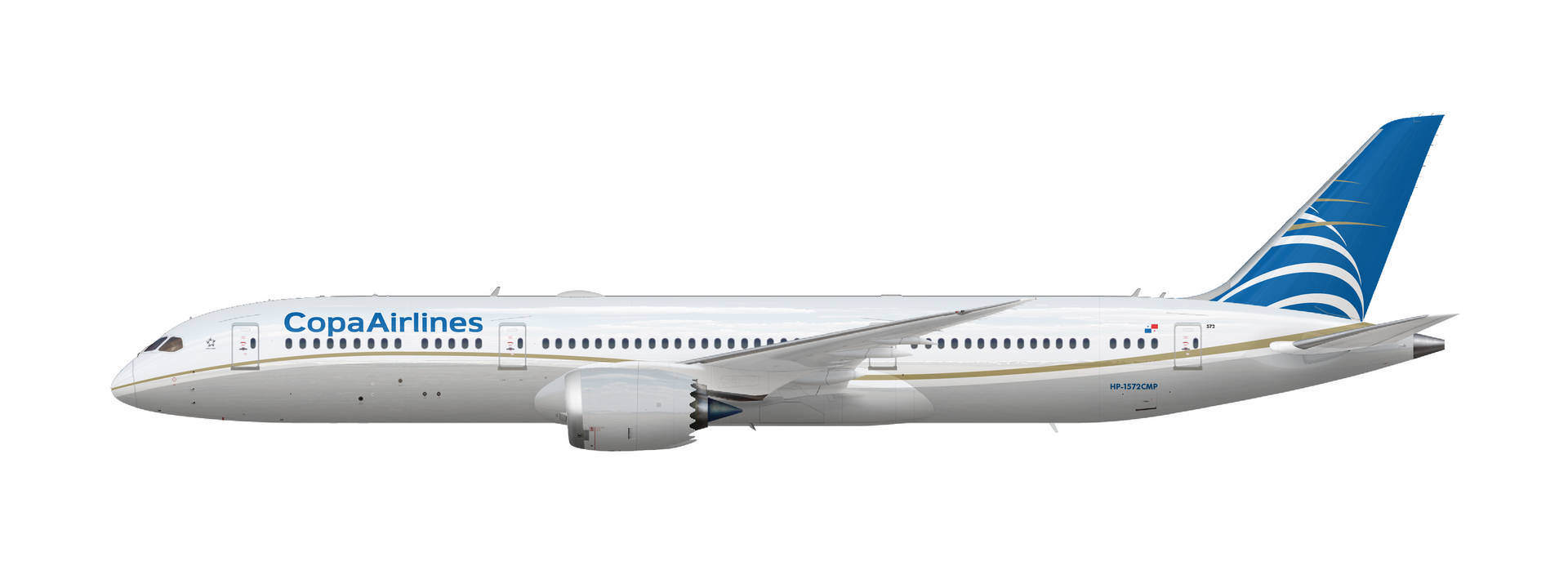 巴拿馬航空波音787夢幻客機，白色和藍色塗裝。