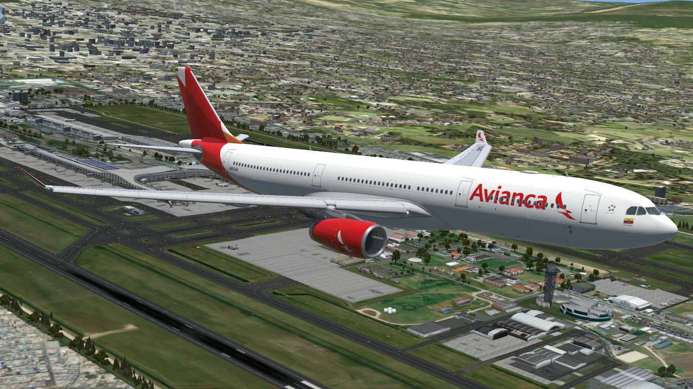 Avianca 飛機飛越機場和城市