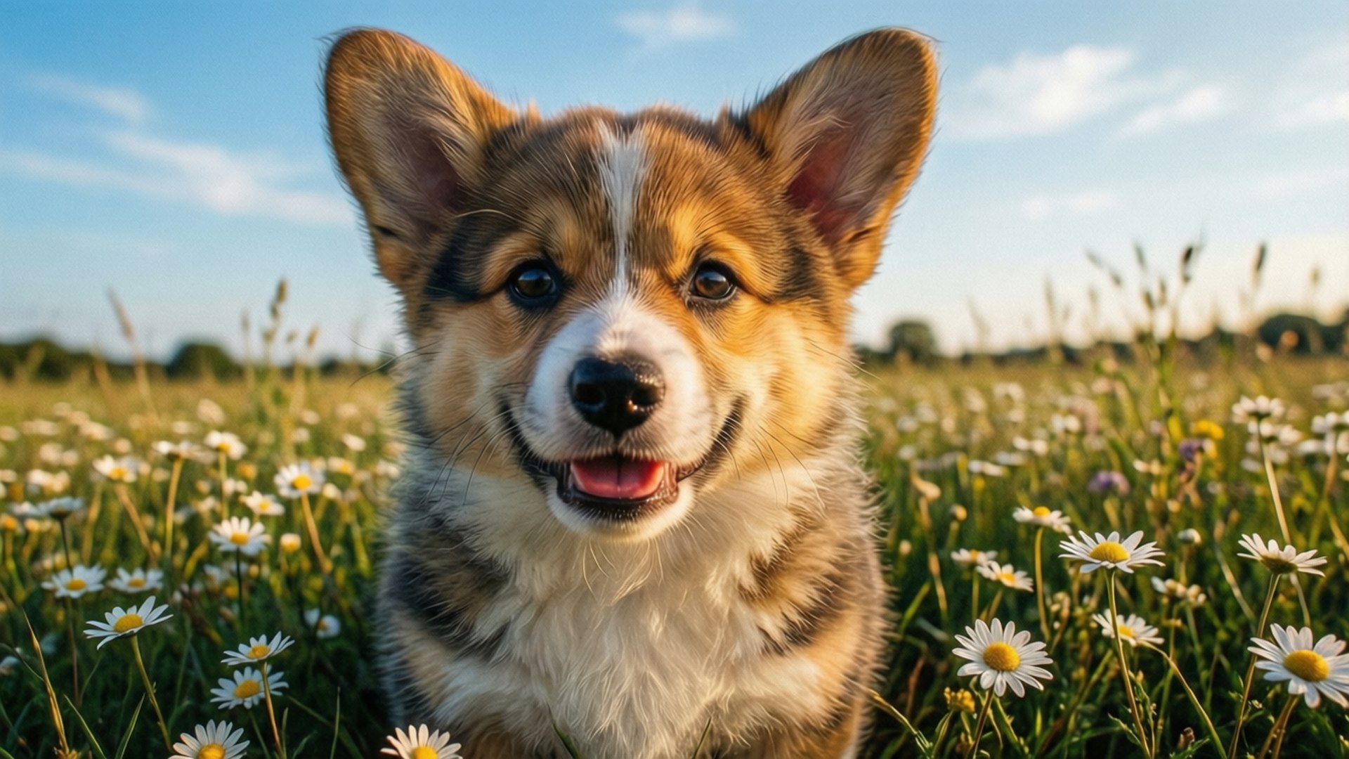 哥基小狗陽光 壁紙 — 一隻快樂的哥基幼犬，豎起耳朵，露出開心的笑容，坐在陽光明媚、開滿雛菊的草地上，藍天白雲。