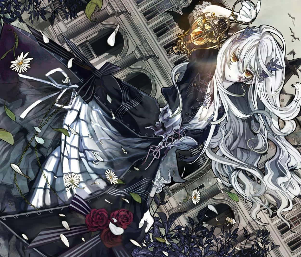 哥德動漫世界的迷人之美 壁紙 — 一個蒼白的動漫女孩，長長的白髮和金色的眼睛，在飄落的花瓣和玫瑰中漂浮，背景是一座破敗的哥德式建築。