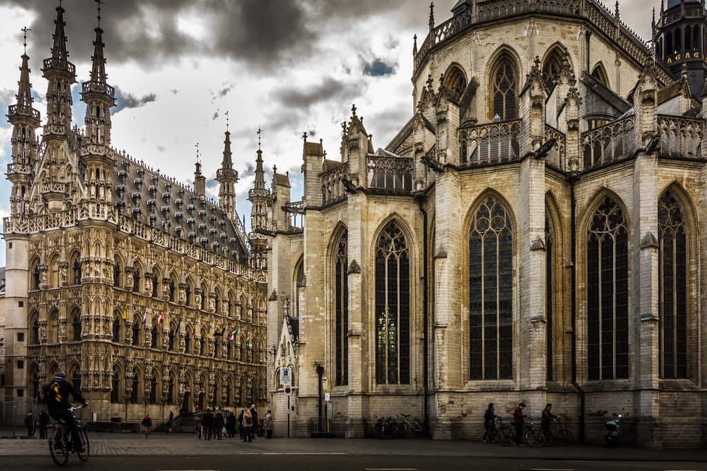 Gothic Architecture 桌布 壁紙 — 哥德式大教堂和華麗的市政廳在戲劇性的多雲天空下高聳，下方有行人和騎單車者。