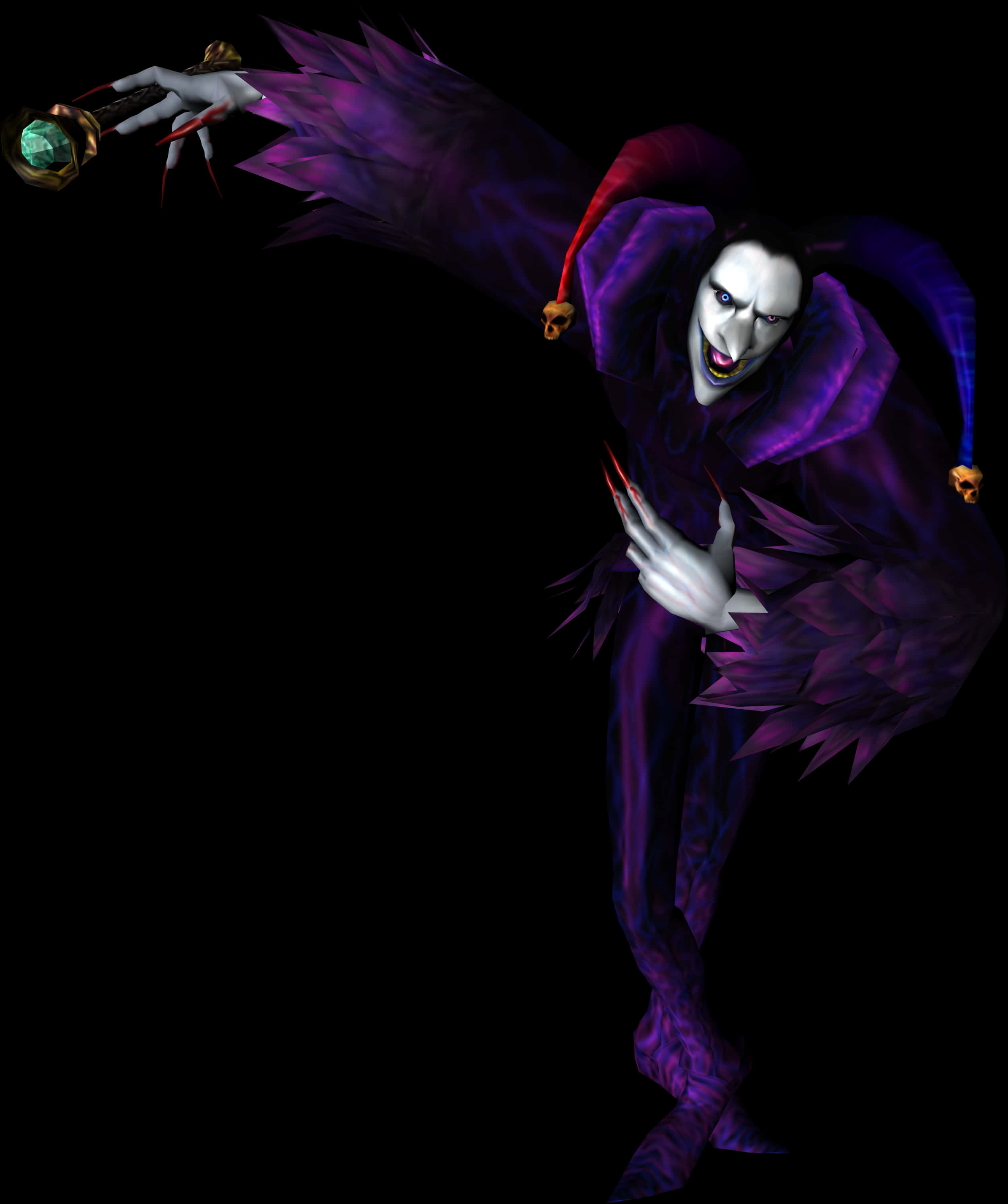 哥德式惡魔插畫 壁紙 — 一個穿著紫色羽毛服裝、手持發光綠色球體武器的邪惡小丑，背景為黑色。