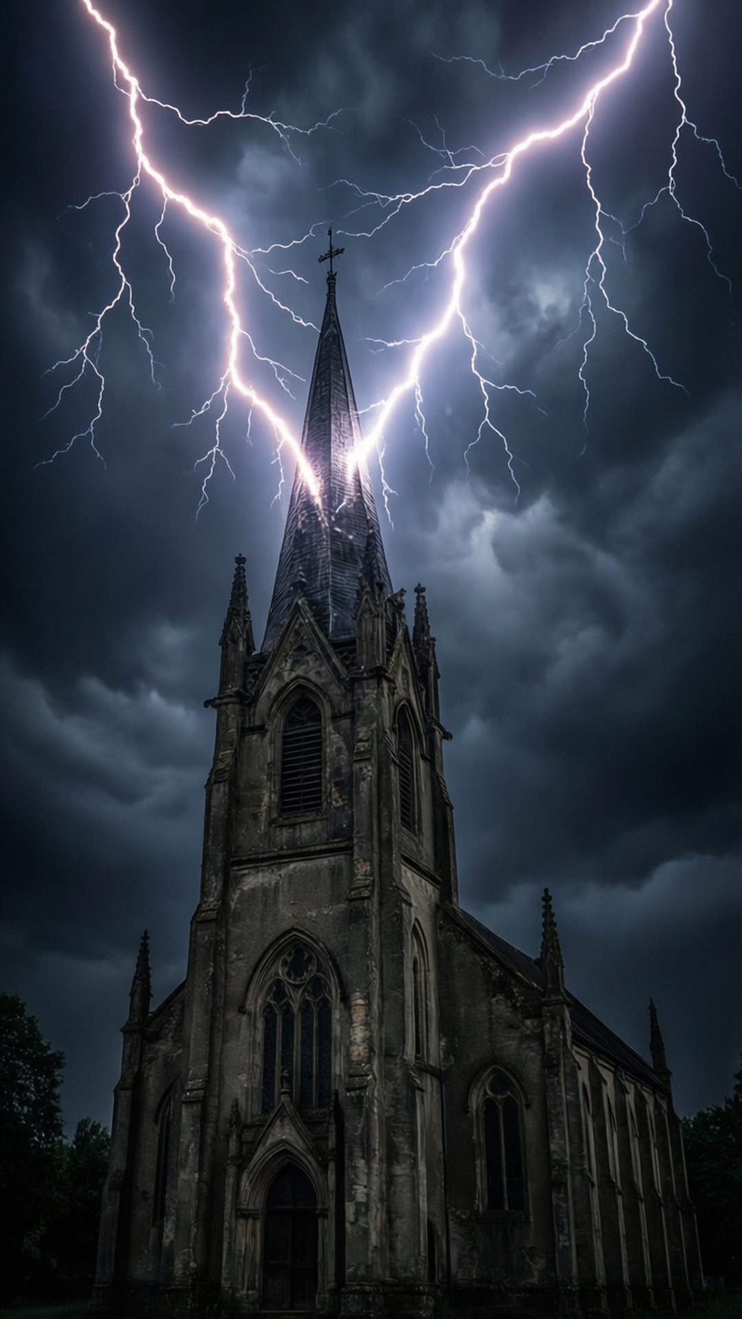 哥德式教堂閃電 壁紙 — 一座哥德式教堂尖頂在暴風雨的黑暗天空中遭閃電擊中。