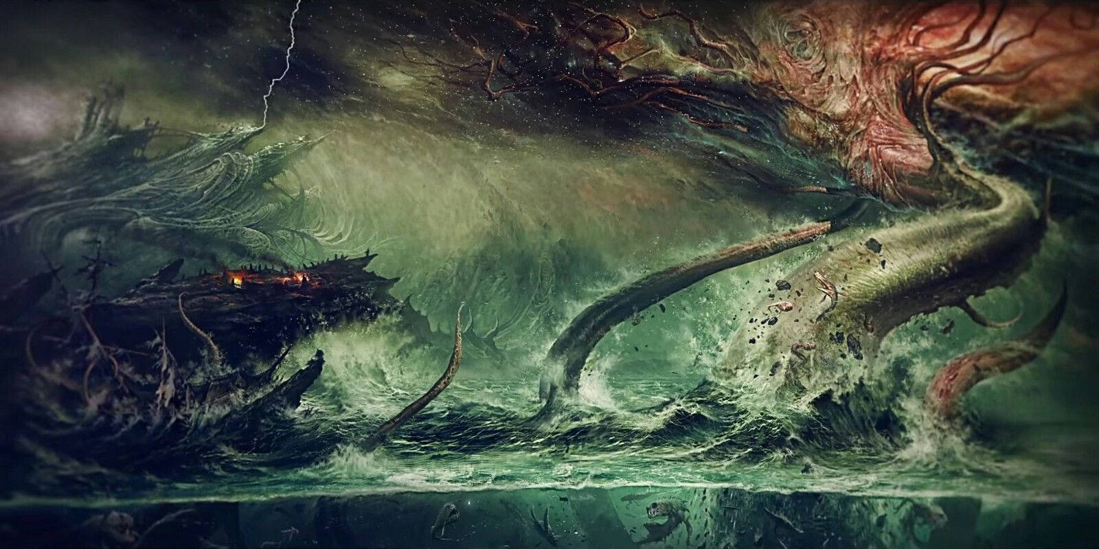 一隻擁有觸手的巨型海怪從風暴肆虐的綠色海水中升起，天空佈滿閃電。