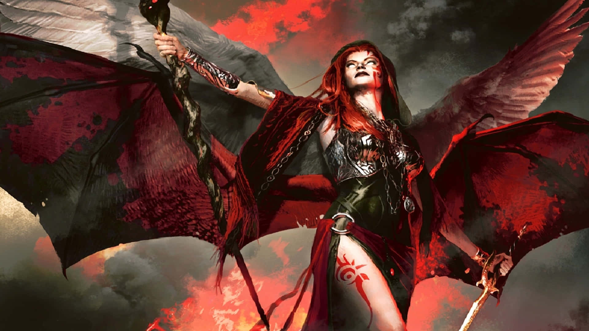 一個帶有紅色翅膀和盔甲的女惡魔站在熾熱的天空中。