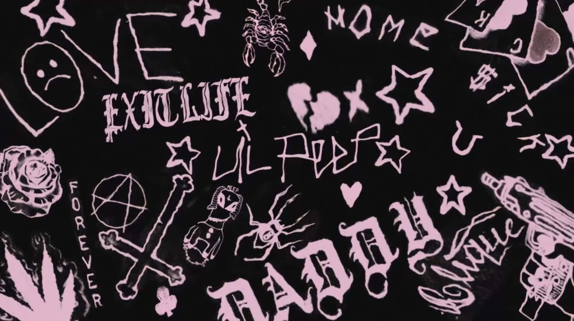 黑色背景上的粉紅色塗鴉圖案，帶有 love 和 daddy 等字詞和符號。