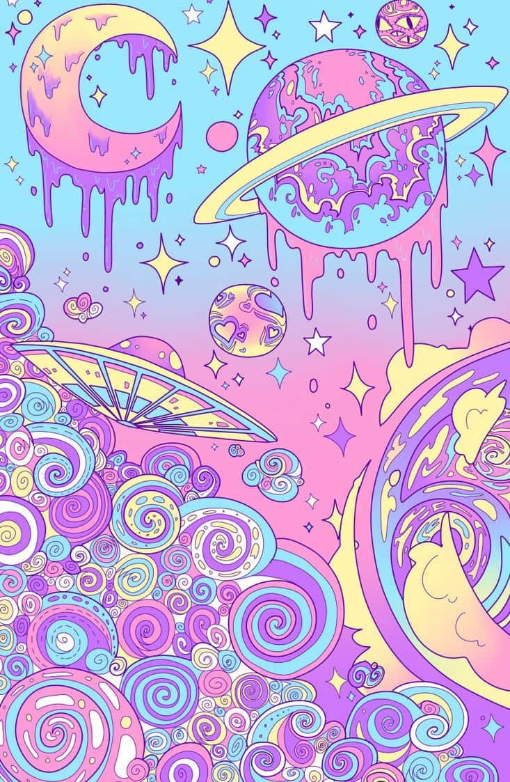 色彩鮮豔的宇宙插圖，有滴落的行星、星星和漩渦狀的雲彩，採用柔和色調。