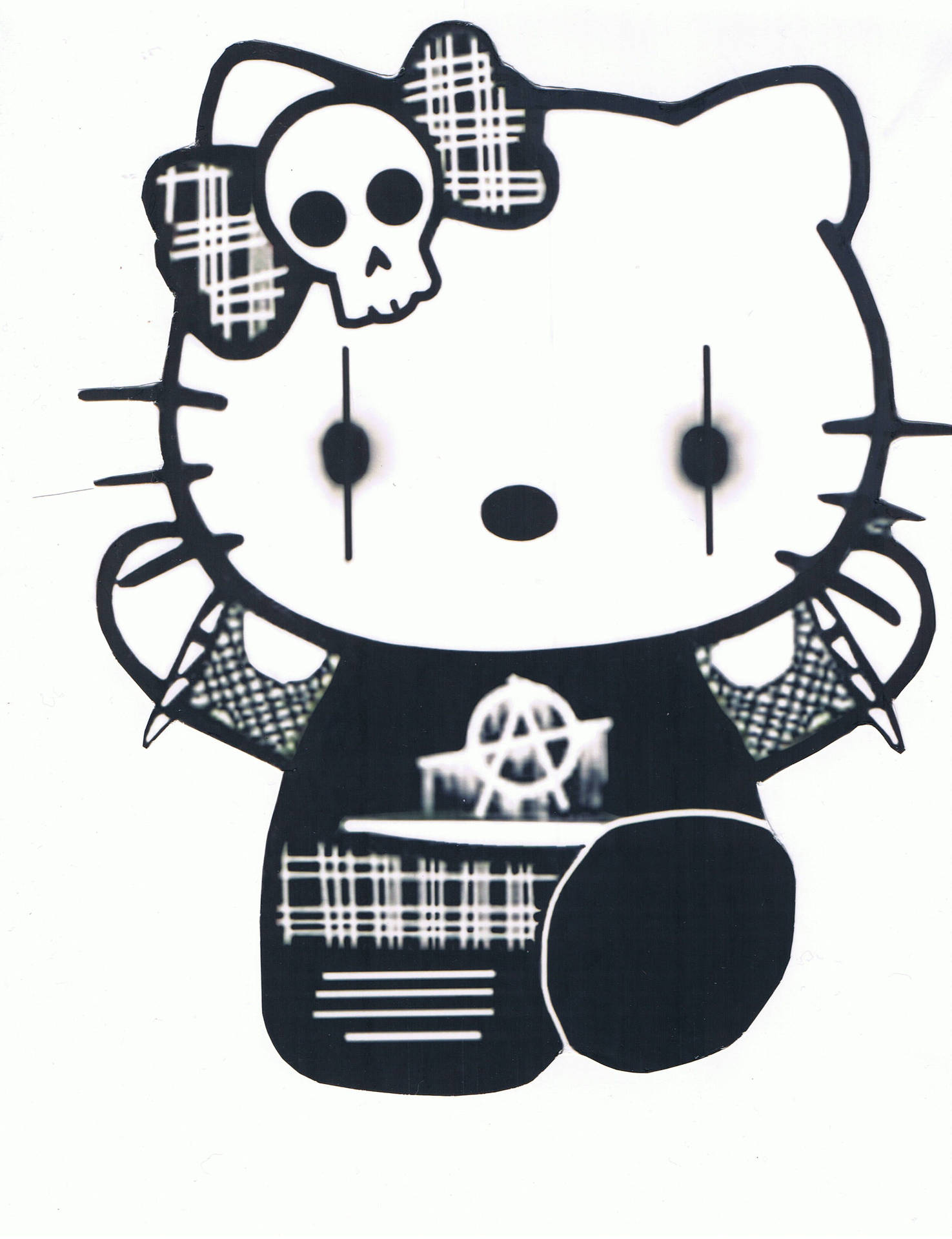 Hello Kitty 戴著骷髏蝴蝶結和穿著無政府主義符號襯衫的黑白模板風格。