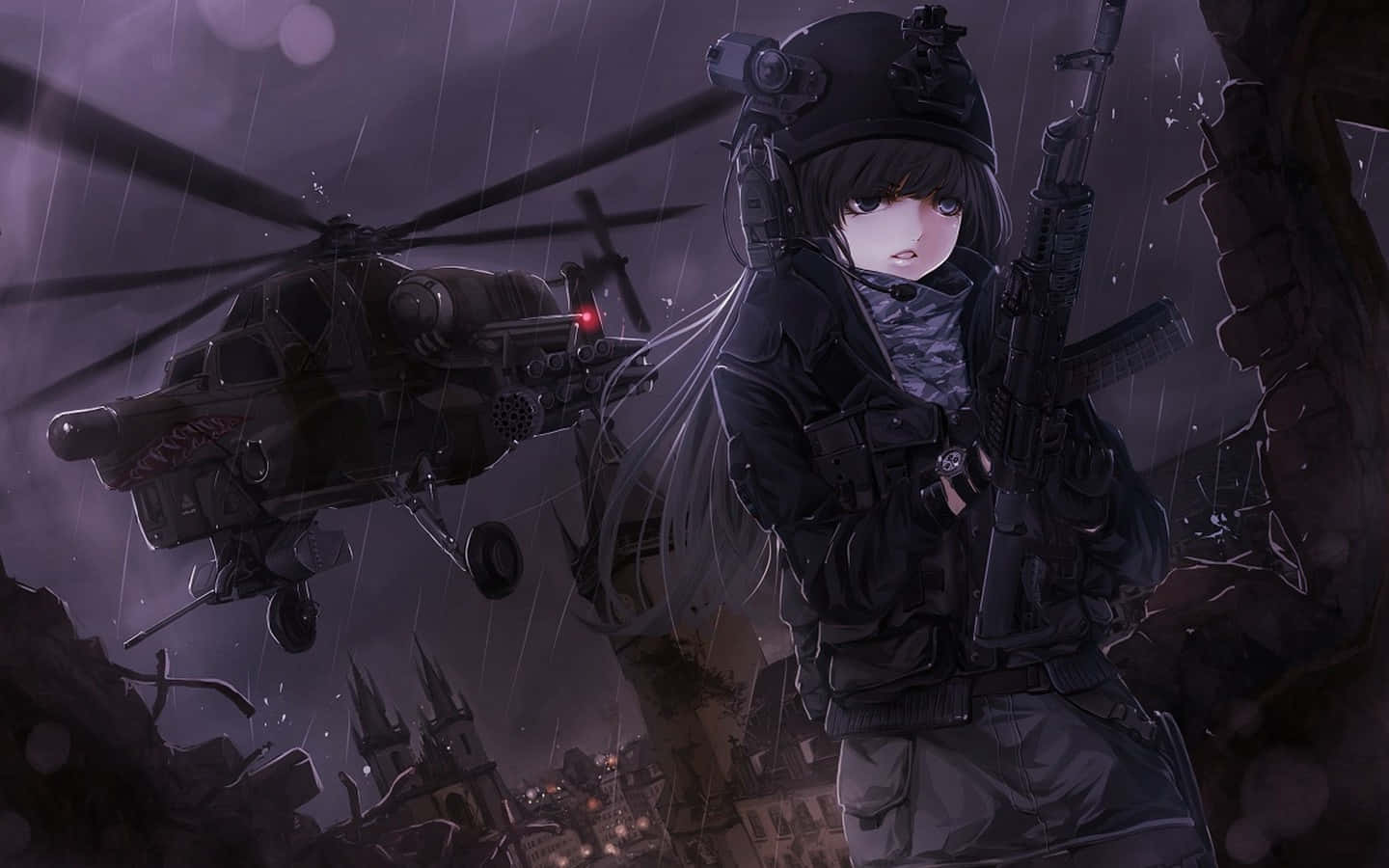 動漫士兵在雨夜場景中持步槍，直升機在廢墟城市上空盤旋。