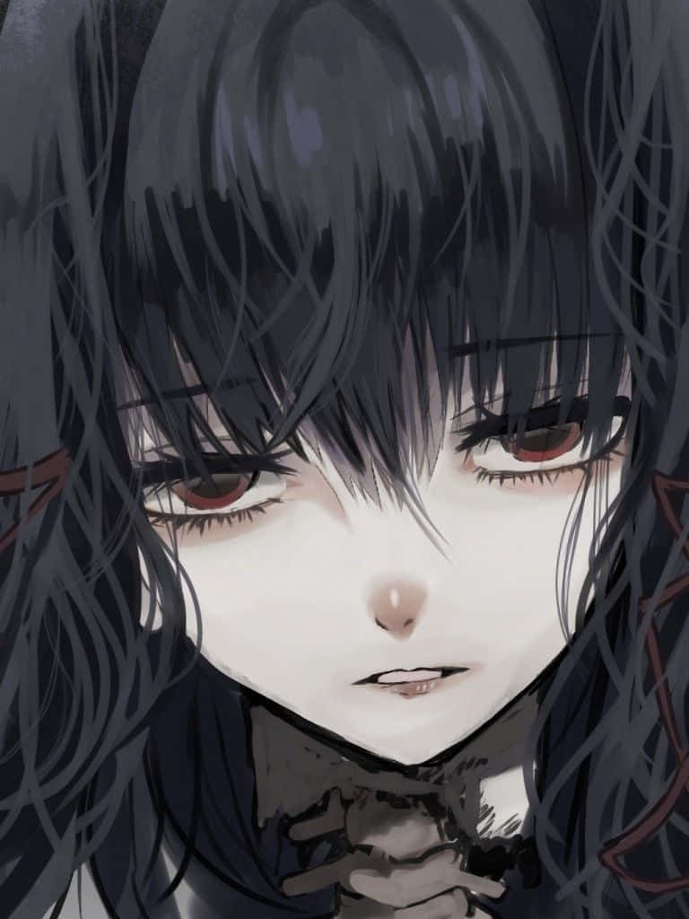 哥德風動畫少女 沉鬱神情 壁紙 — 一個黑髮紅眼嘅動漫女仔特寫，用嚴肅嘅表情專注咁凝視。