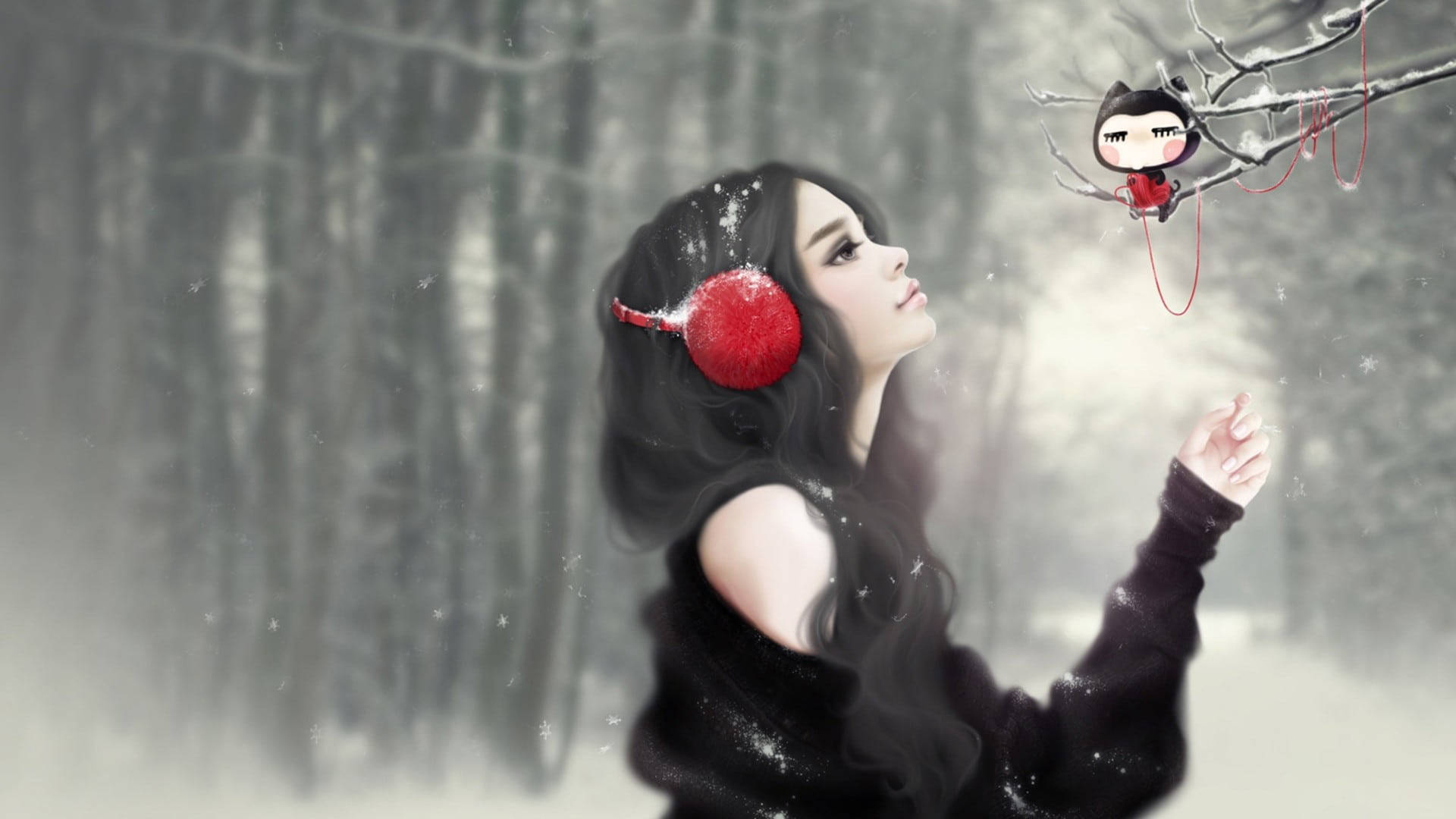 雪地森林中戴紅色耳罩的女性抬頭看著樹枝上的紅色小貓。