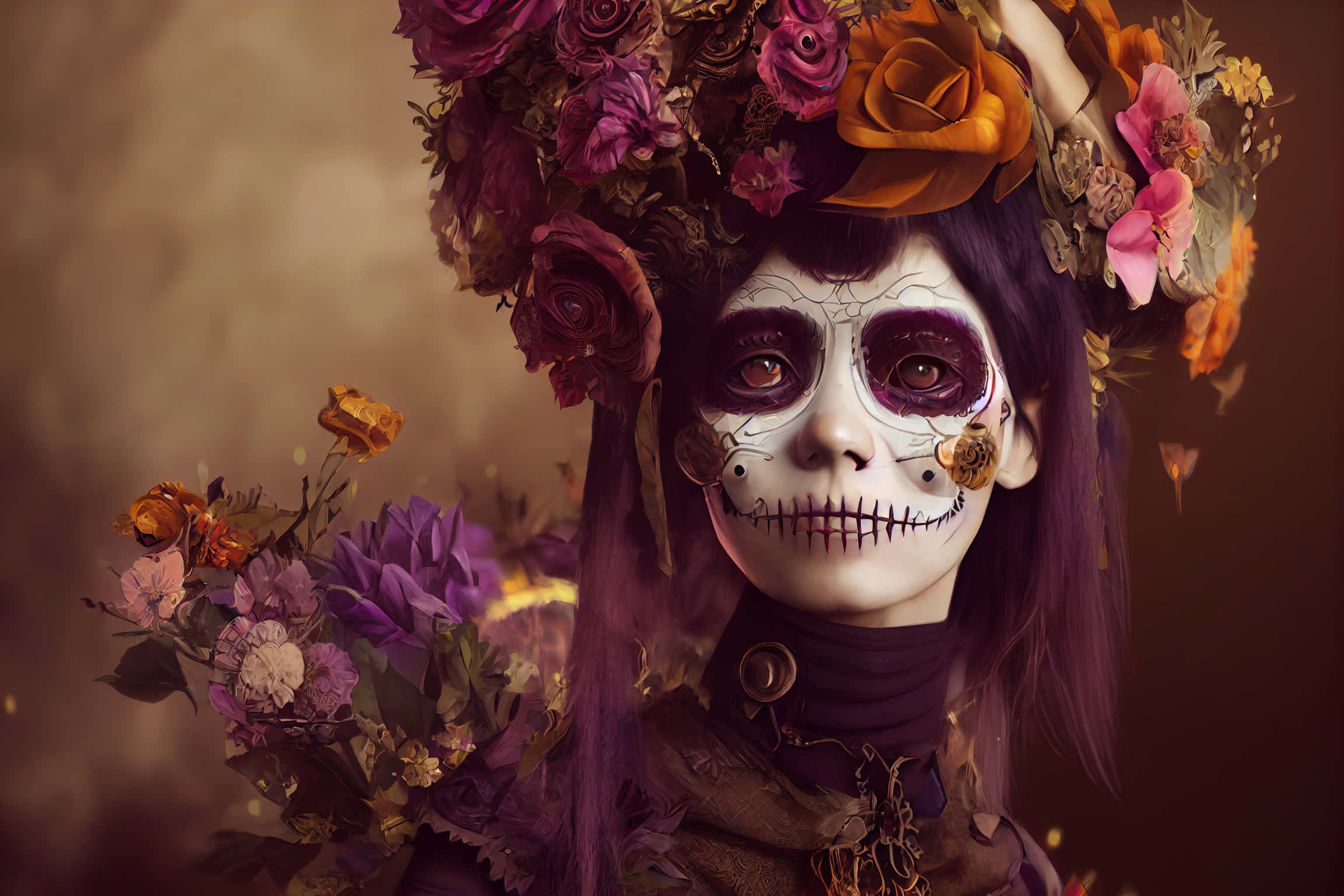 哥德風墨西哥女性，La Calavera臉部彩繪美學 壁紙 — 一位年輕女性，臉上畫著糖骷髏妝，頭戴鮮豔的花冠，在溫暖的棕色背景前溫柔地凝視。