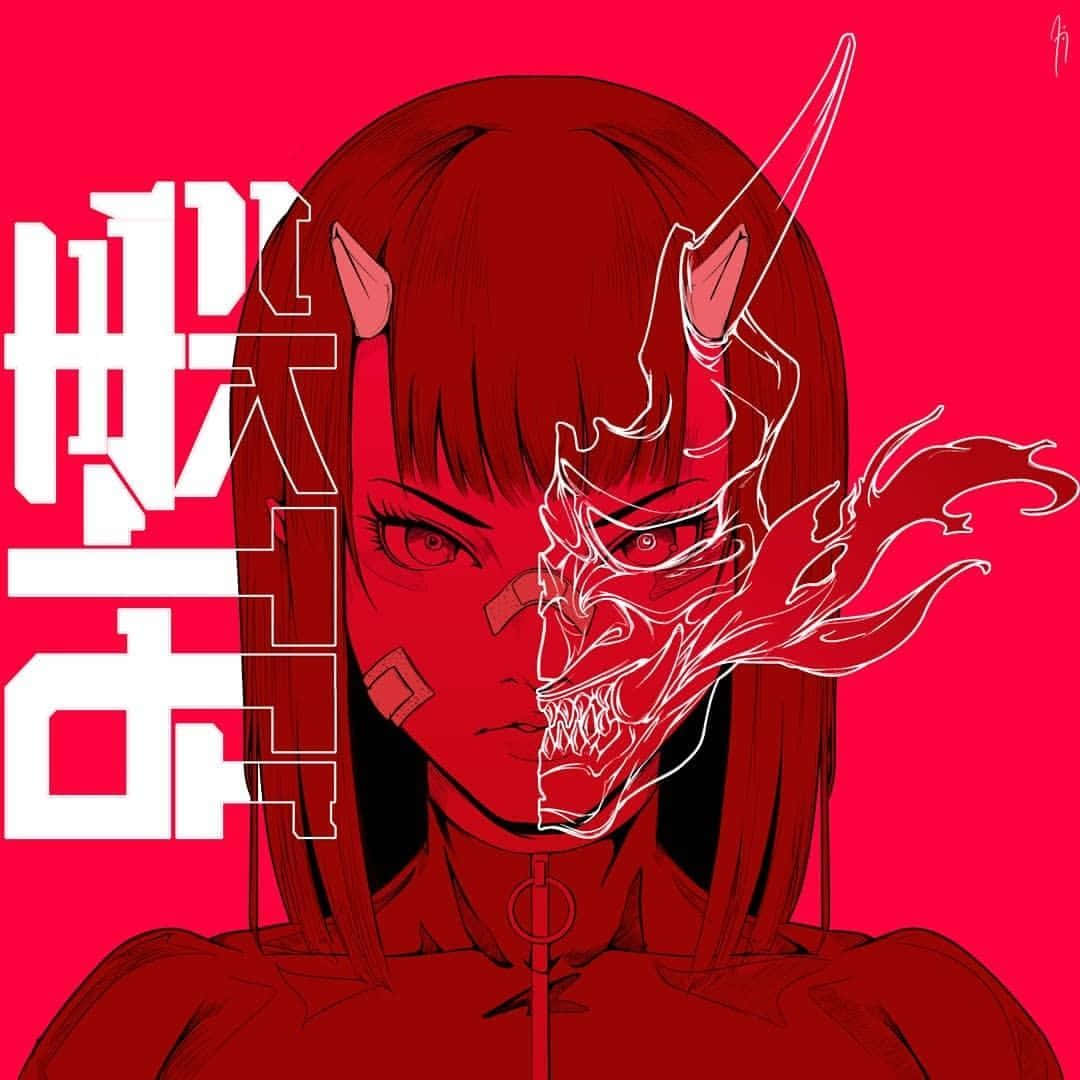 動漫女孩，半張臉像惡魔，紅色背景上有漢字文字。