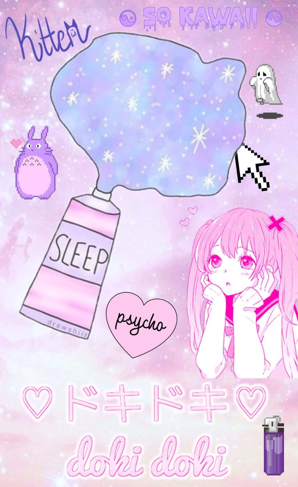 粉紅色頭髮的動漫女孩，睜大眼睛，旁邊放著一瓶散發星雲的睡眠藥水。