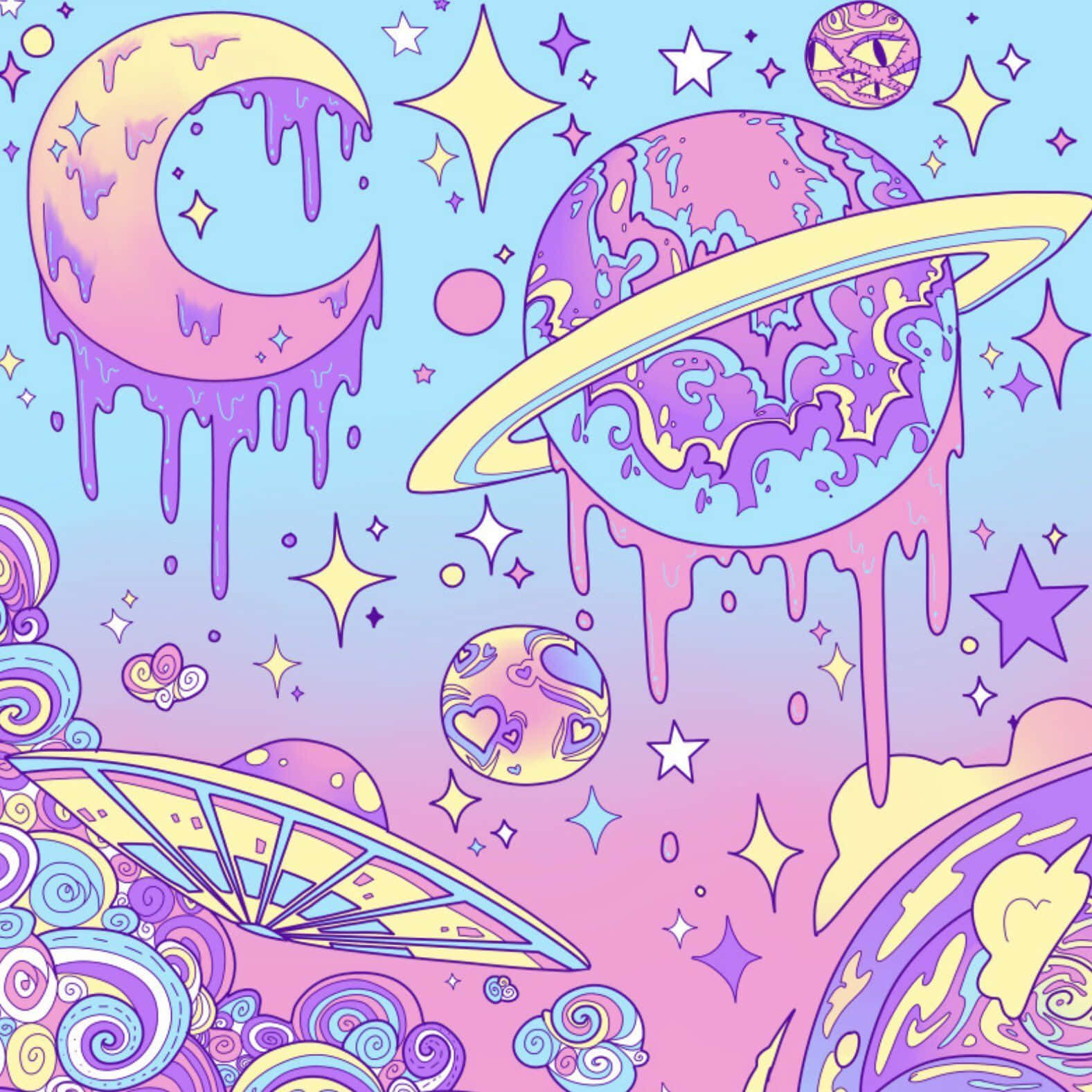 一個色彩繽紛的宇宙場景，有融化的行星、星星和UFO。
