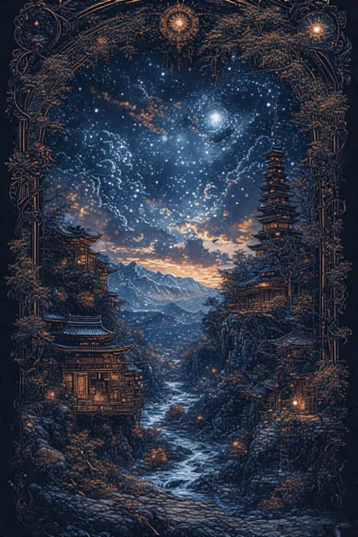 寶塔喺河邊溫暖咁發光，星空黃昏天空下由藤蔓框住。