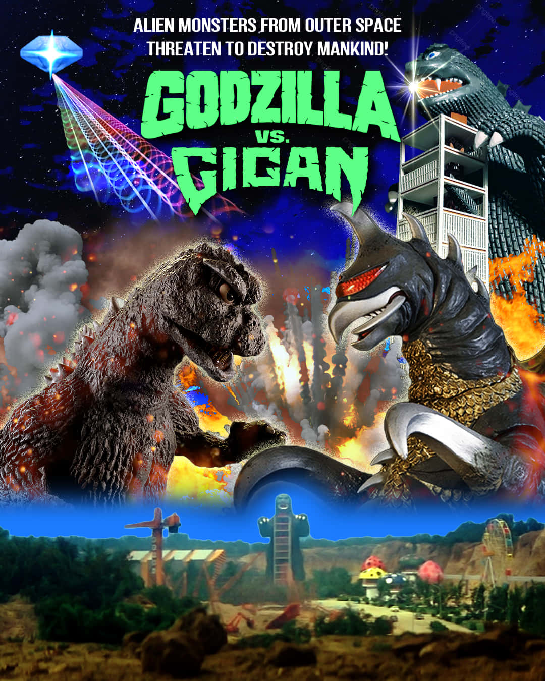 Godzilla Vs Gigan 桌布 壁紙 — 哥斯拉和蓋剛在星空下、外星光束和爆炸中，於熾熱的城市戰場上激烈交鋒。