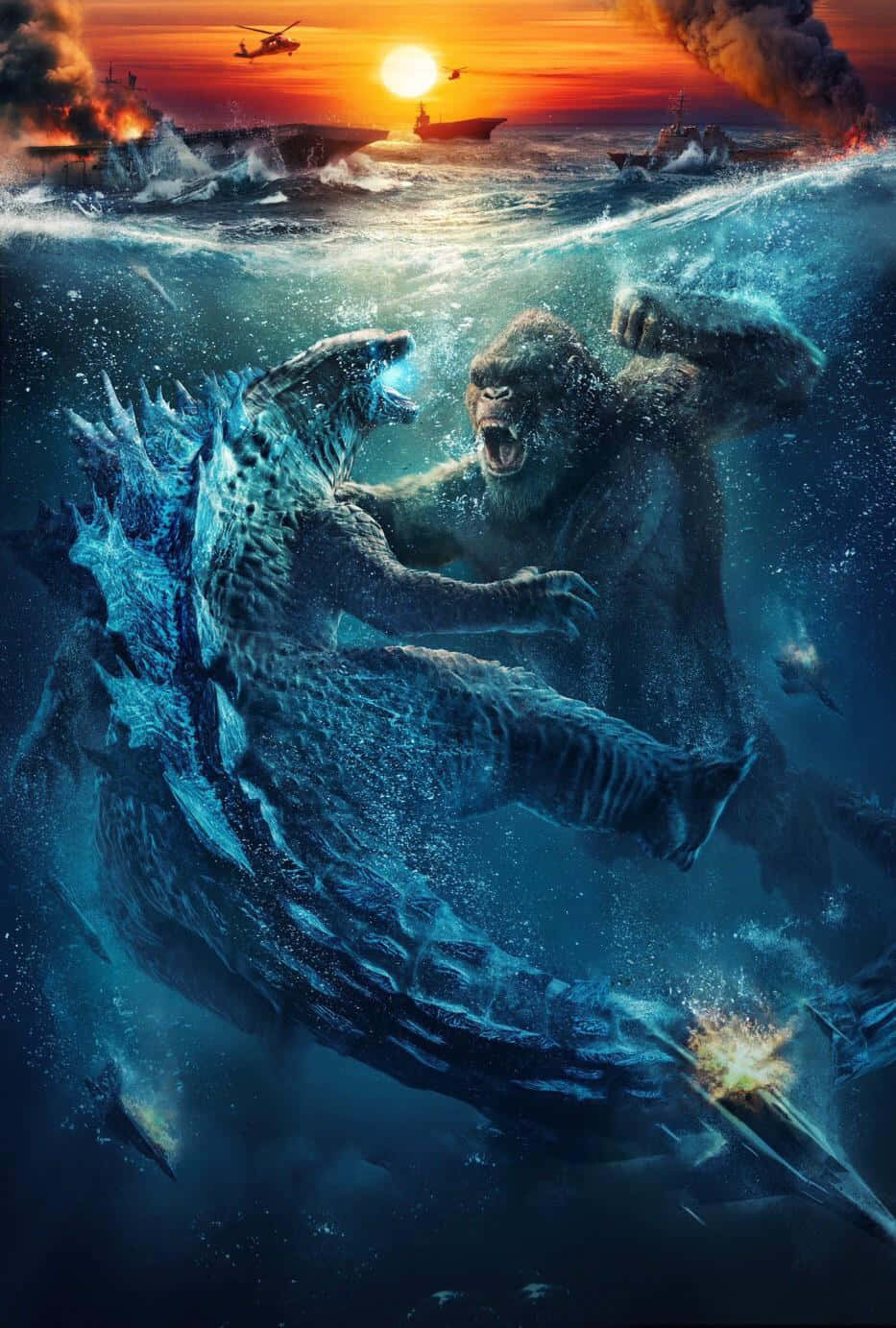 Monsterverse 桌布 壁紙 — 哥斯拉和金剛在水下戰鬥，軍艦在熾熱的日落海洋上方爆炸。