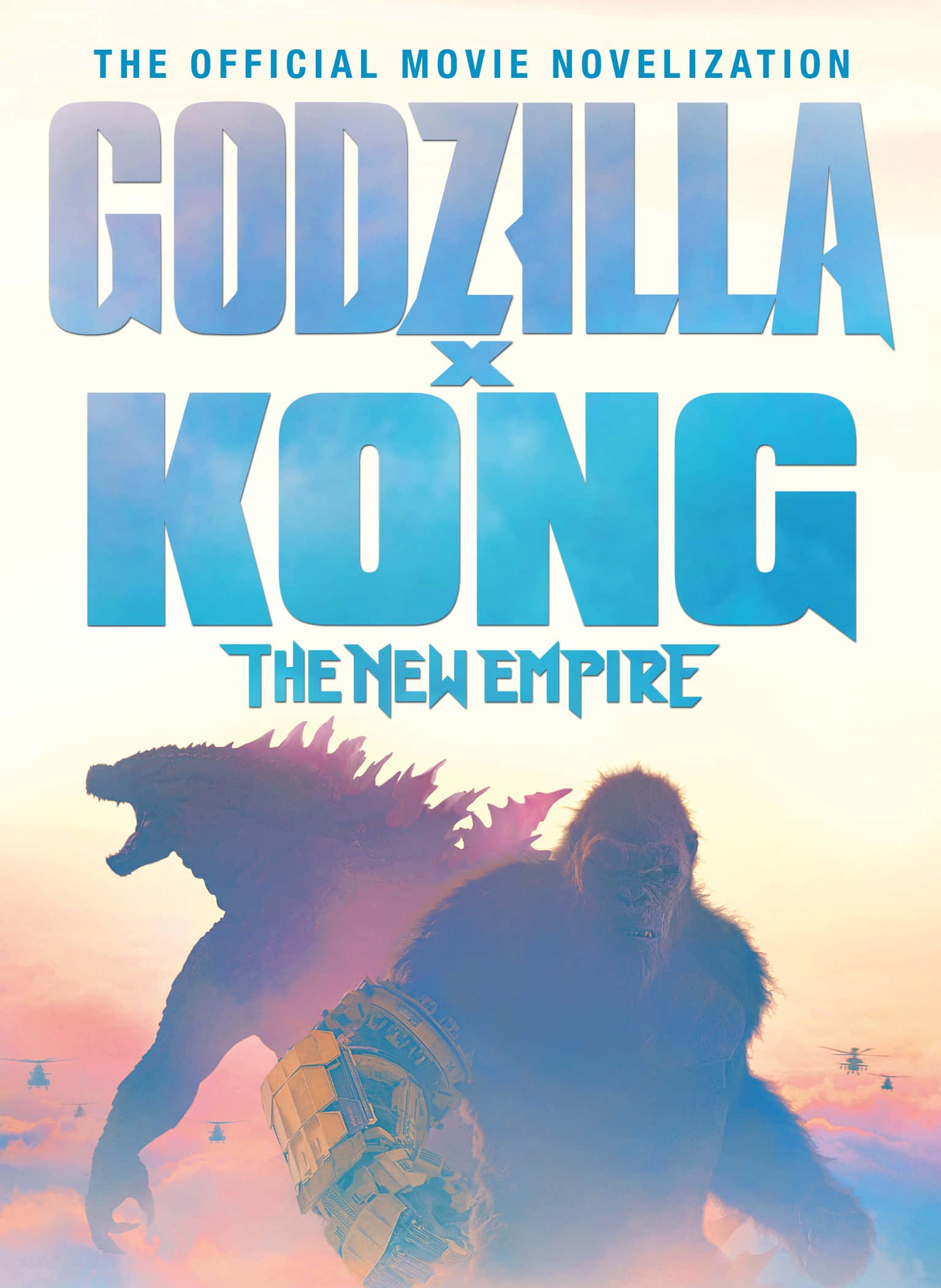 Godzilla X Kong The New Empire 桌布 壁紙 — 哥斯拉和金剛背對著粉橙色天空站立，直升機在下方飛行。