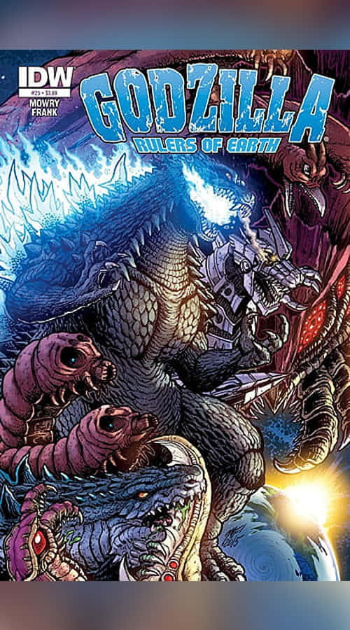 Godzilla Comic 桌布 壁紙 — 哥斯拉在一個動態的漫畫書封面上與多個怪獸戰鬥，伴有熾熱的爆炸和戲劇性的燈光。