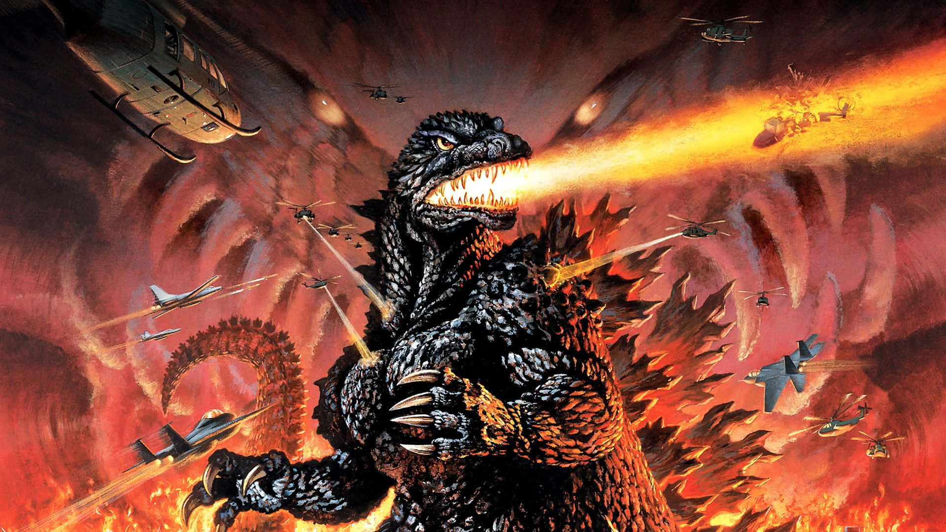Godzilla 2000 桌布 壁紙 — 哥斯拉在充滿戰鬥機和直升機的混亂天空中咆哮並噴火。