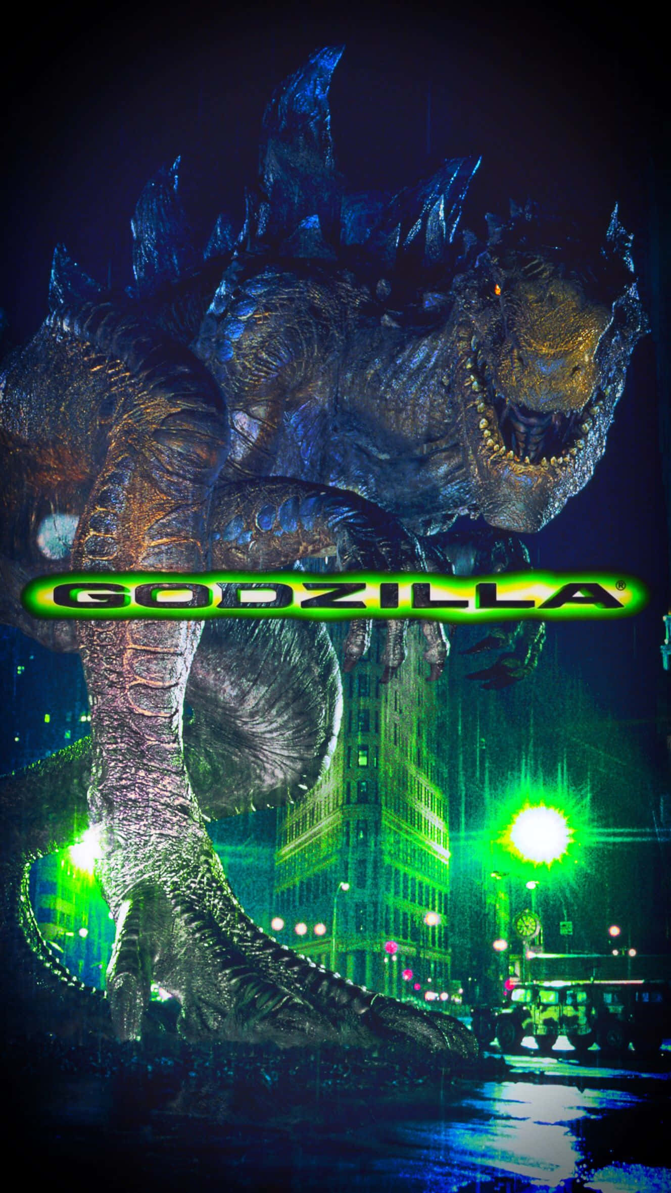 godzilla 1998 桌布 壁紙 — 哥斯拉在夜晚霓虹燈閃爍的城市上空聳立，潮濕的街道上反射著發光的綠色燈光。