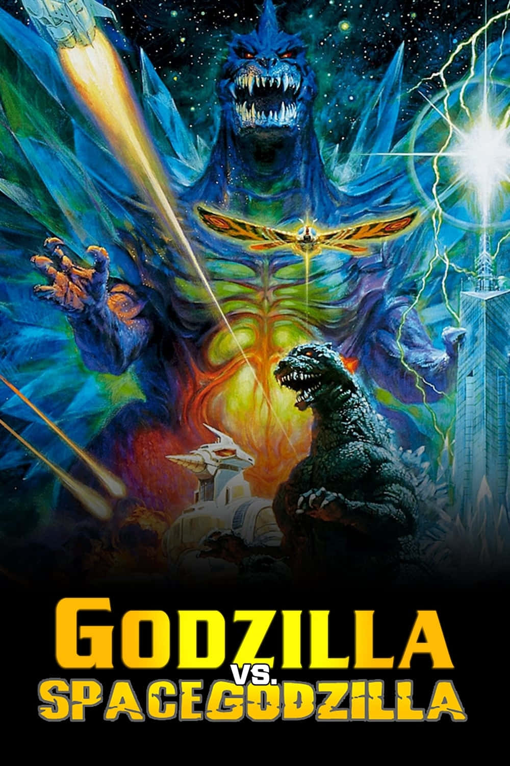 Godzilla Vs Spacegodzilla 桌布 壁紙 — 哥斯拉在宇宙閃電和星空背景下與一個高聳的藍色太空怪物戰鬥，背景中有一艘太空船。