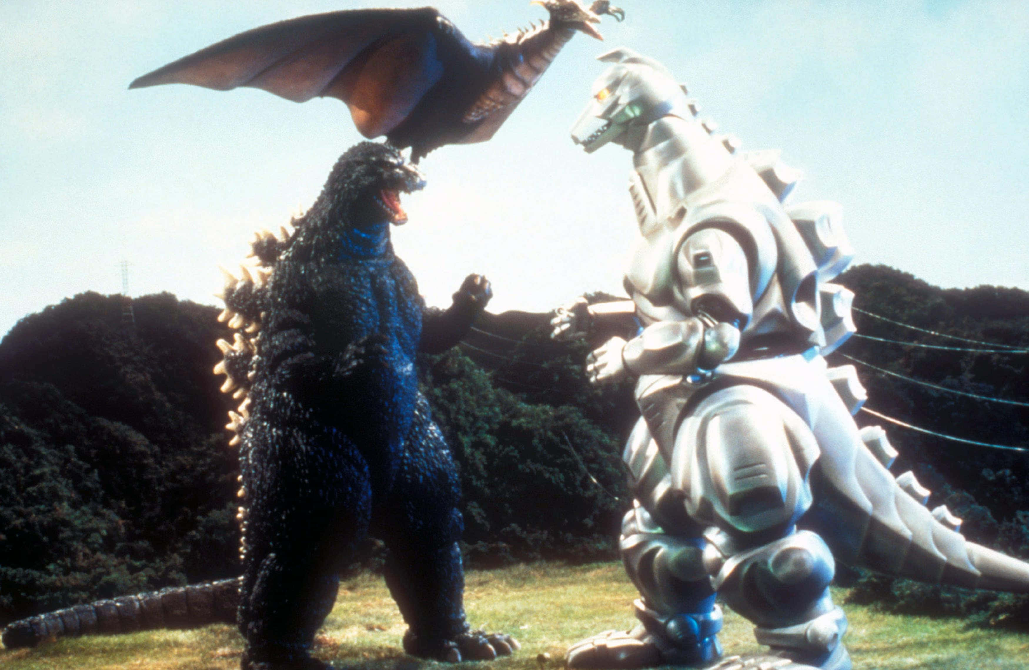 Godzilla Vs Mechagodzilla 桌布 壁紙 — 哥斯拉在晴朗天空下的草地上與銀色機械人和飛龍戰鬥。