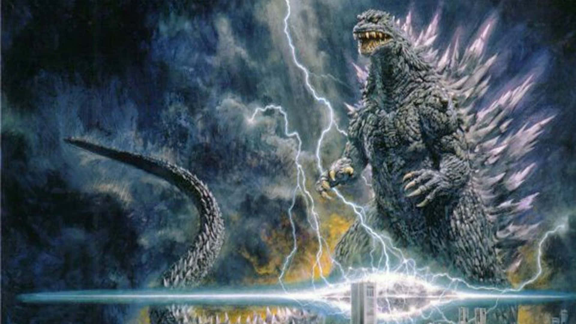 Godzilla 2000 桌布 壁紙 — 哥斯拉在暴風雨的天空下咆哮，閃電擊中其帶刺的背部和尾巴，籠罩城市景觀。
