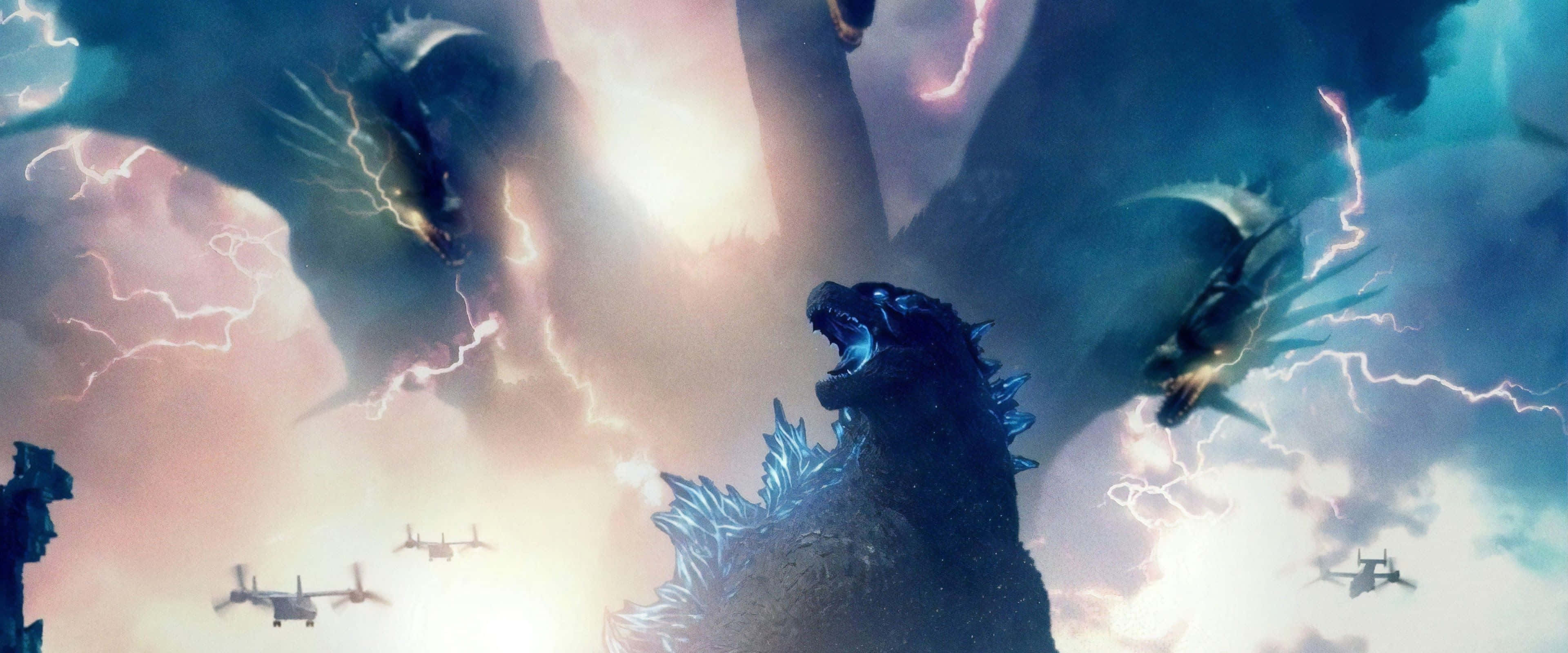King Ghidorah 桌布 壁紙 — 哥斯拉在暴風雨的天空下咆哮，閃電擊中飛行的無人機和其他怪獸，營造出電影般的戰鬥場景。