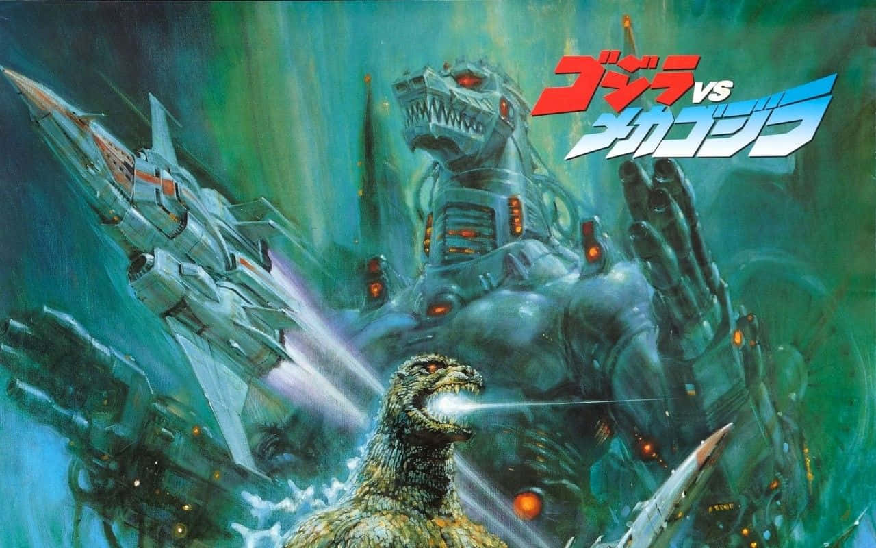Classic Godzilla 桌布 壁紙 — 哥斯拉在暴風雨般的綠色天空下與機械哥斯拉戰鬥，戰鬥機發射光束。