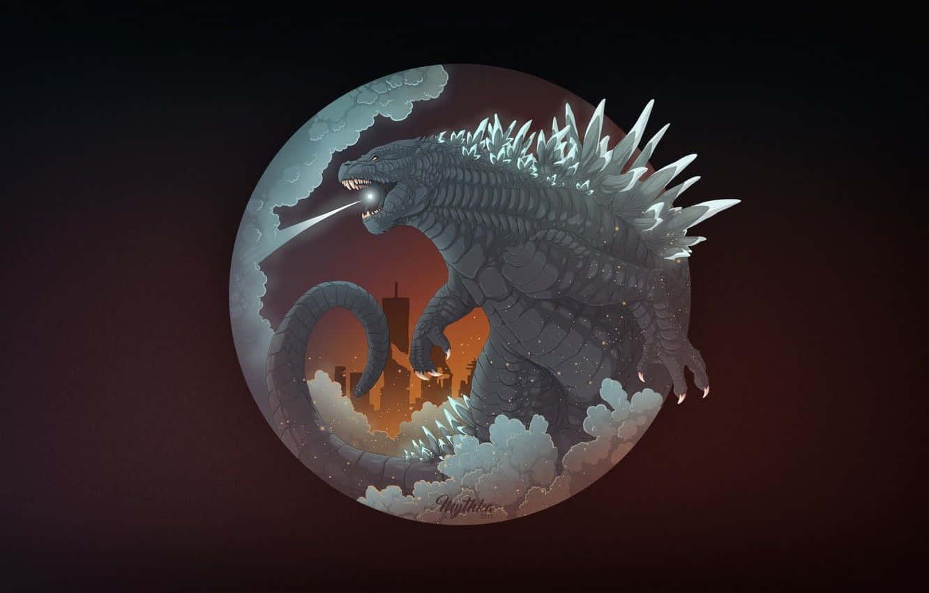 Godzilla Art 桌布 壁紙 — 哥斯拉在月牙框起的火熱城市景觀中咆哮，釋放原子吐息。