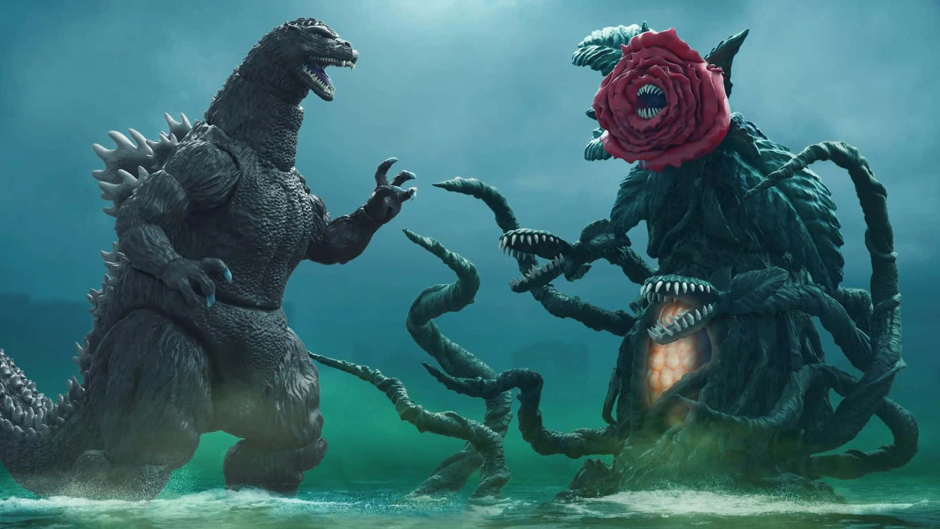 Godzilla Vs Biollante 桌布 壁紙 — 哥斯拉在渾濁的綠色水中向一個帶有觸手的玫瑰頭怪物咆哮。