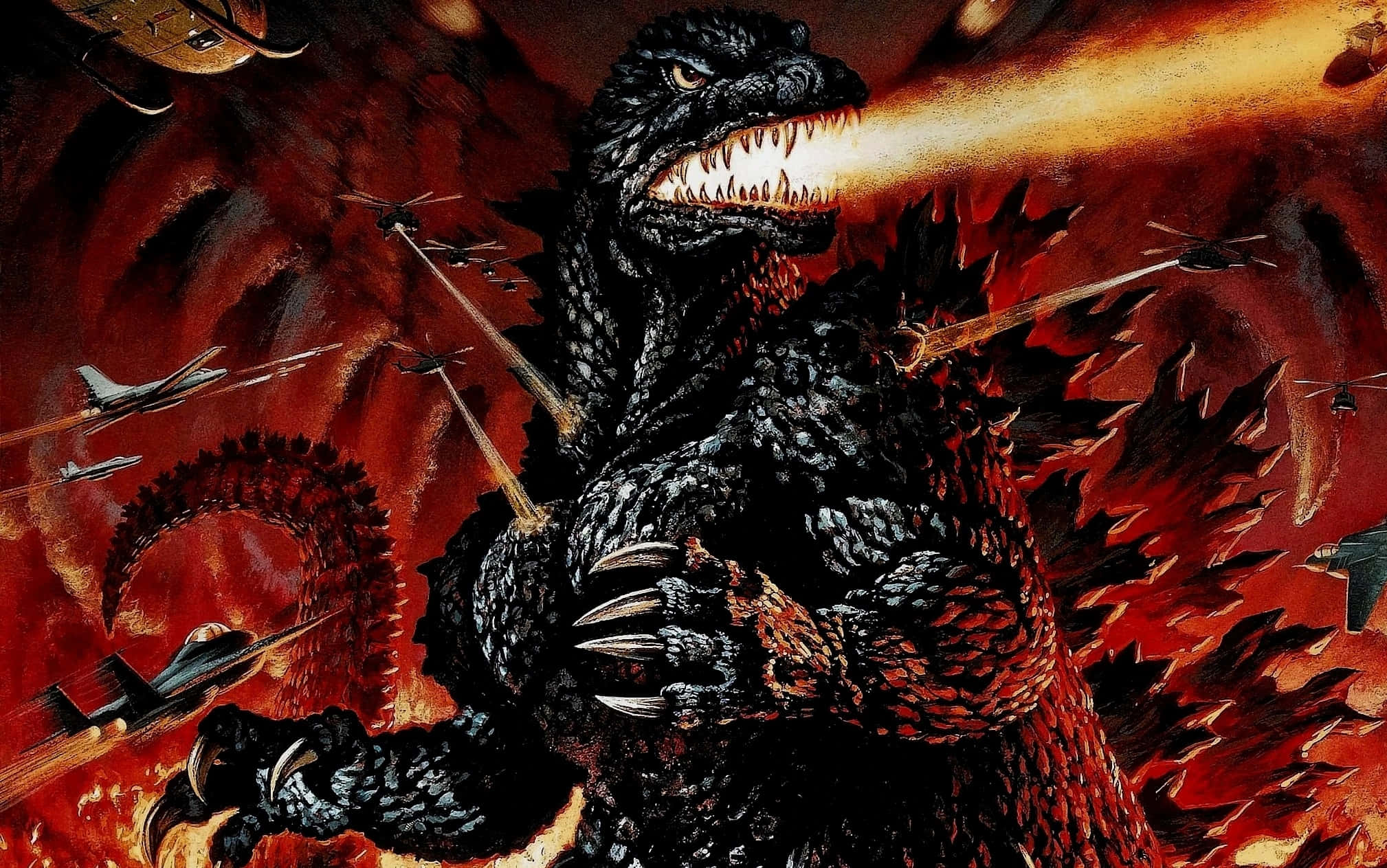 Godzilla 2000 桌布 壁紙 — 哥斯拉在火紅的天空中咆哮並噴火，戰鬥機和直升機在他周圍攻擊。