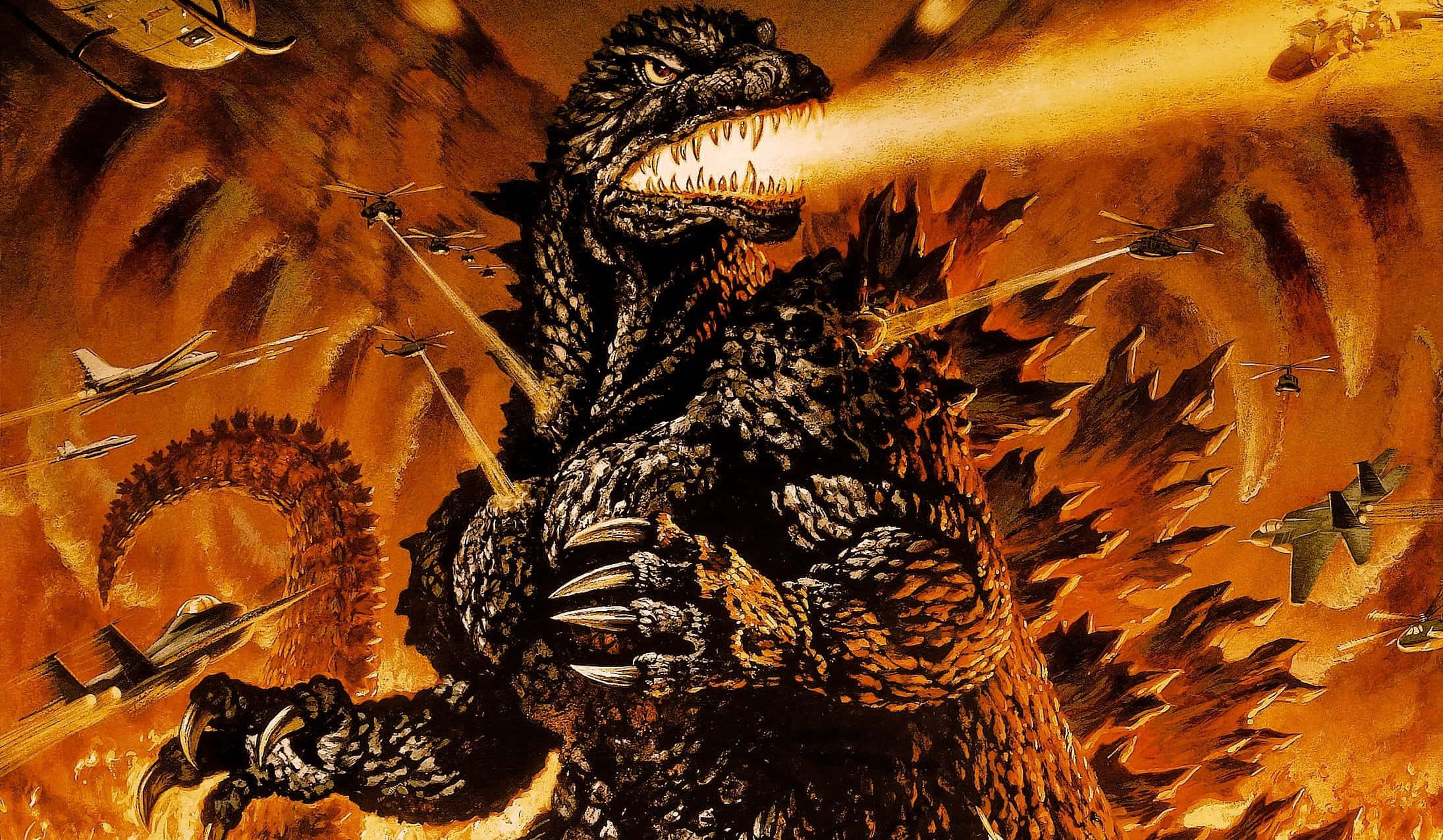 Godzilla 2000 桌布 壁紙 — 哥斯拉在烈焰混亂中咆哮，噴射機和直升機逃離他的原子吐息，戰場呈現戲劇性的橙色。