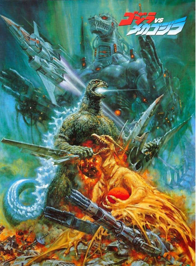 Classic Godzilla 桌布 壁紙 — 哥斯拉在熾熱爆炸和飛行的戰鬥機中與機械哥斯拉戰鬥的戲劇性動畫電影海報。