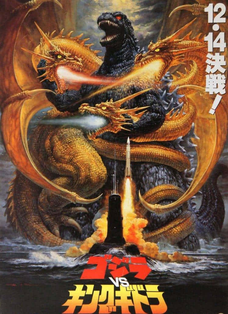 Classic Godzilla 桌布 壁紙 — 哥斯拉在熾熱的潛艇發射上空與三條金龍戰鬥，一幅戲劇性的日本怪獸電影海報。