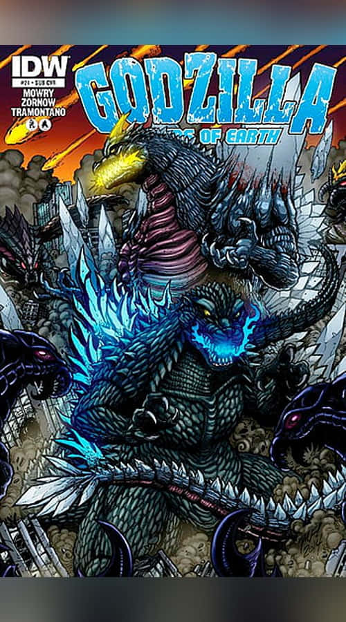 Godzilla Comic 桌布 壁紙 — 哥斯拉在破碎的摩天大樓之間與怪獸戰鬥，天空是火熱的橙色。