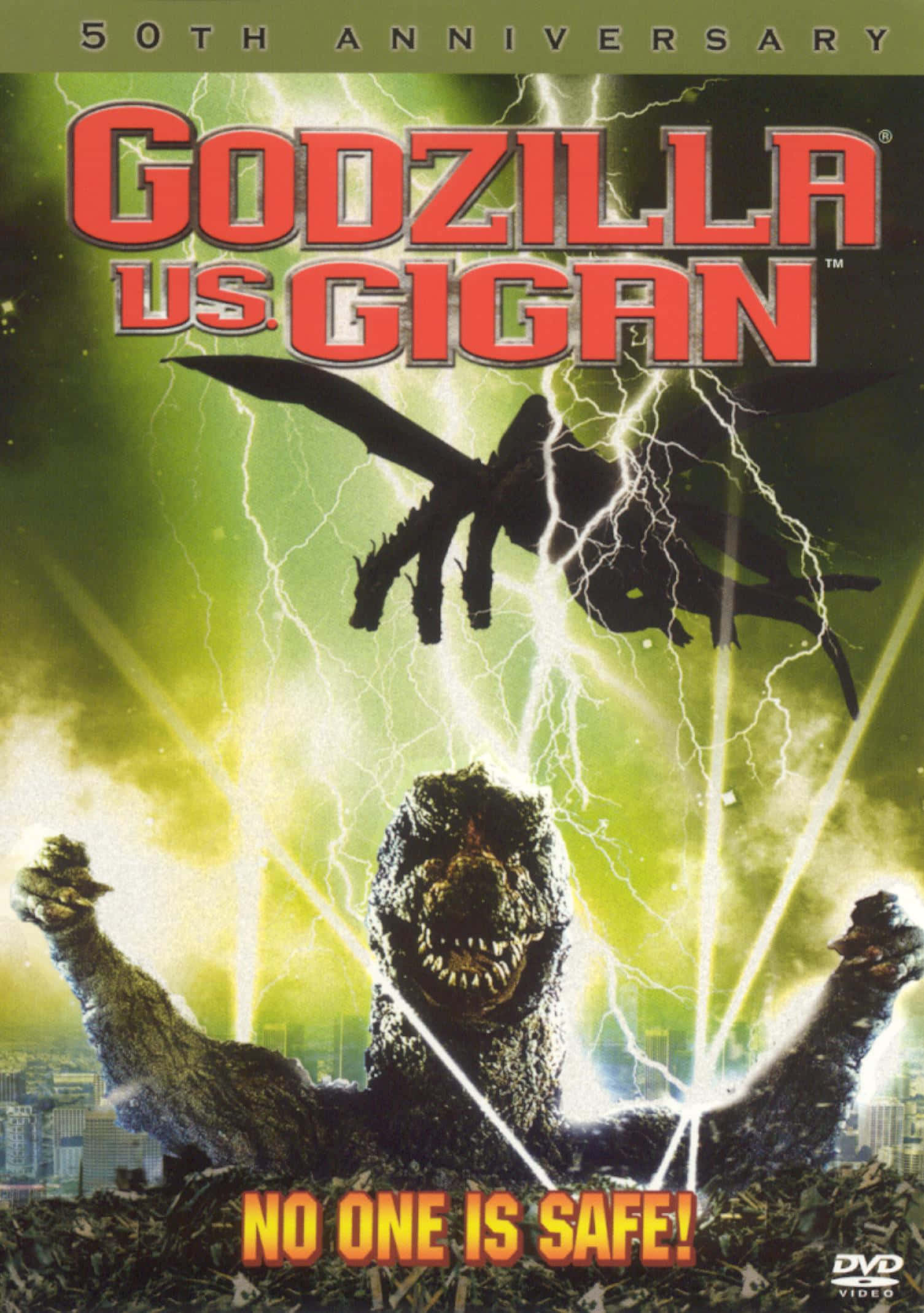 Godzilla Vs Gigan 桌布 壁紙 — 哥斯拉在閃電中咆哮，基剛的剪影在上方隱現，構成戲劇性的怪獸電影海報。