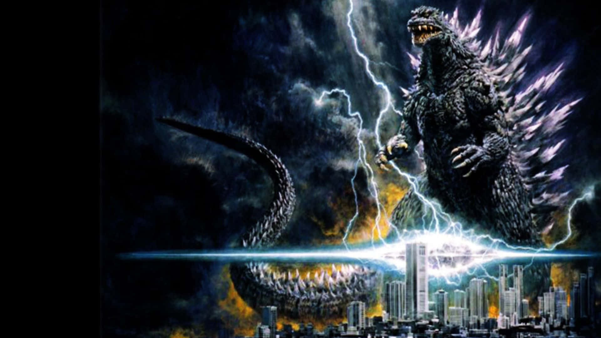 Godzilla 2000 桌布 壁紙 — 哥斯拉在閃電中咆哮，背景是燃燒的城市天際線，一道發光的藍色能量光束劃破天空。