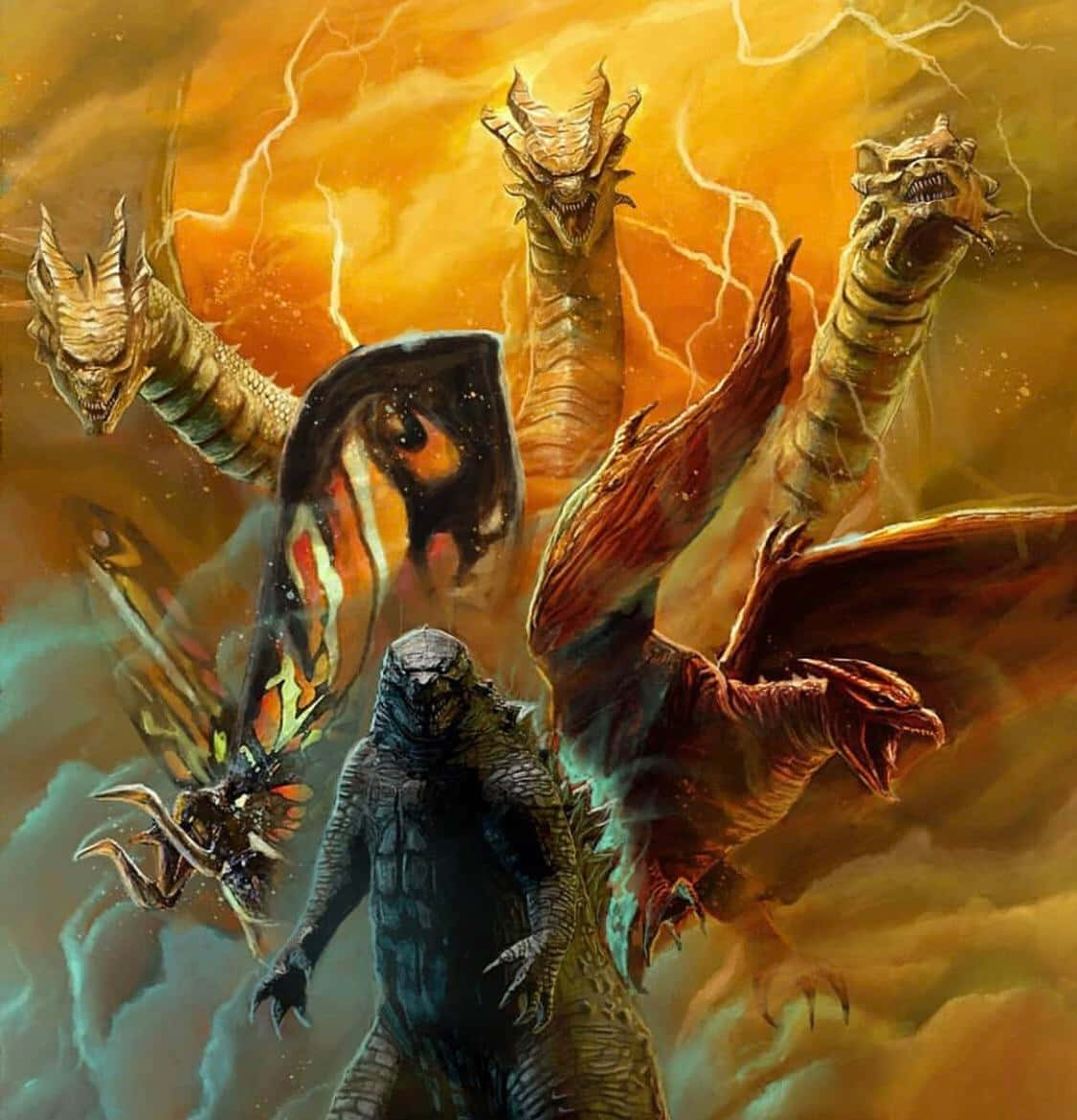 Monsterverse 桌布 壁紙 — 哥斯拉在雷電交加、烏雲翻滾的暴風雨中，挑釁地面對三頭怪獸級卡美拉。